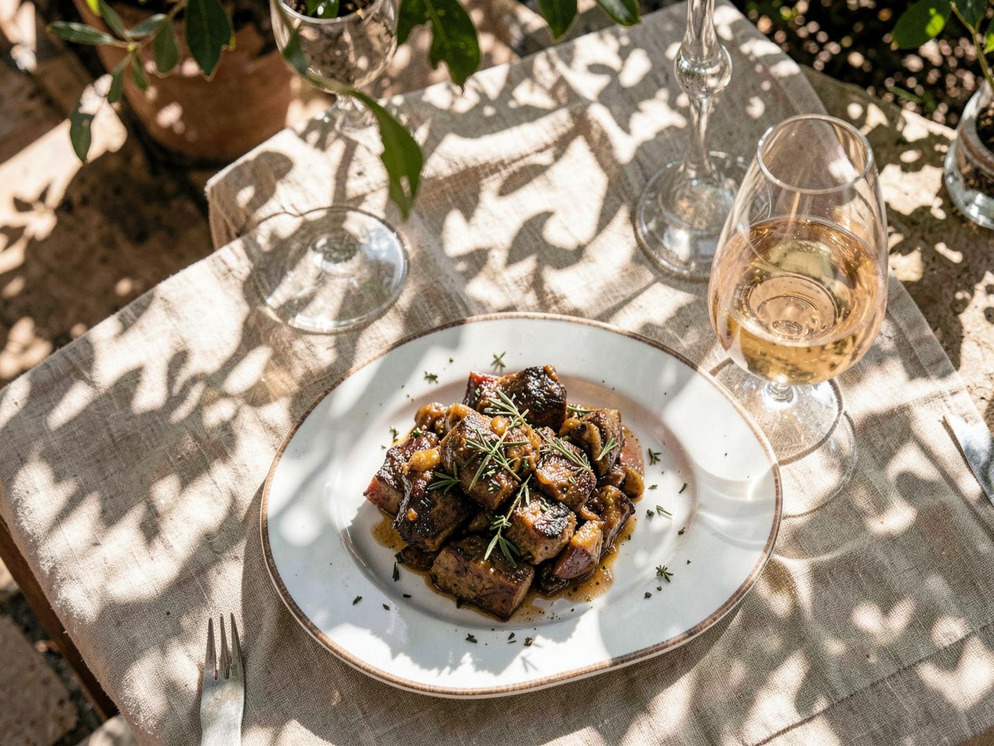 Plat maison et verre de rosé sur la terrasse du restaurant En-Cas de Faim à Fayence